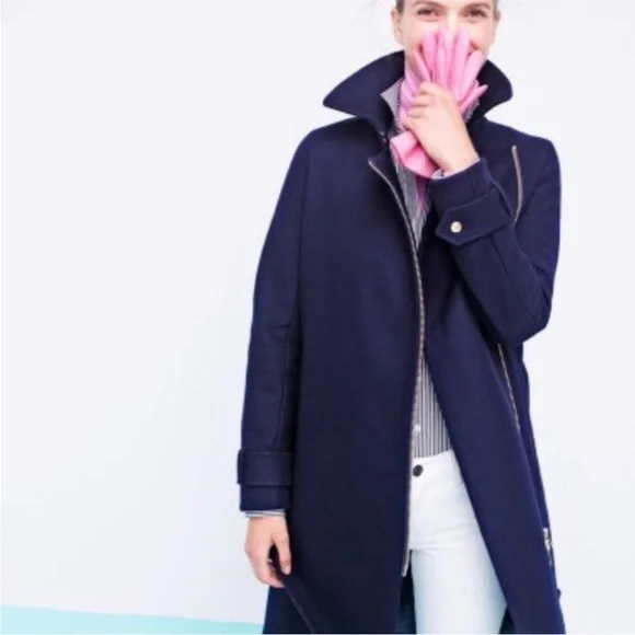 NWT J Crew Belted Zip Trench Coat Wool Melton Outerwear $398 - Navy Blue - 6